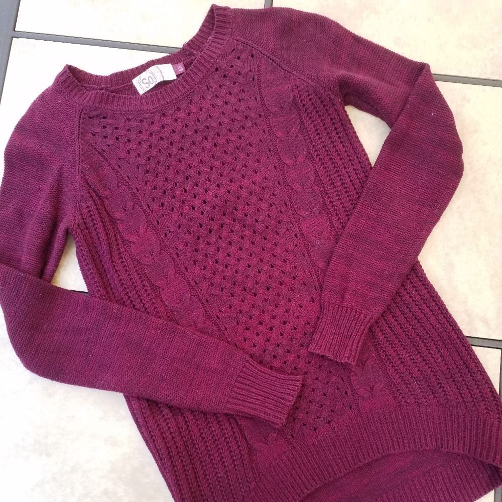3/$25 SWEATER Crewneck XS soft knit open cable Burgandy